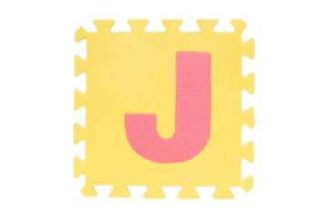 ฺJigsaw English English uppercase "J" alphabet foam plastic Isolated on cutout PNG. Jigsaw box with character. Colorful foam alphabet puzzle pieces. English used in learning education for children.	