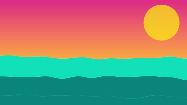 Bright pink orange sunset sky evening sun turquoise teal ocean waves. Simple colorful animation. Summer holidays vibe. Caribbean cruise vacation. Sea landscape view. Horizon line. Motion design layout