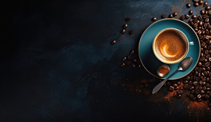 Coffee on a dark blue plate with spoon on a dark blue background with empty sapce for text. 