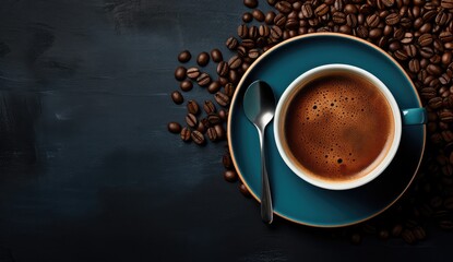 Obraz na płótnie Canvas Coffee on a dark blue plate with spoon on a dark blue background with empty sapce for text. 