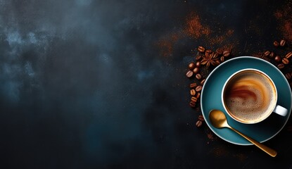 Coffee on a dark blue plate with spoon on a dark blue background with empty sapce for text. 