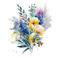 Watercolor bouquet with blue yellow lilac flowers illustration Generative AI, png image.