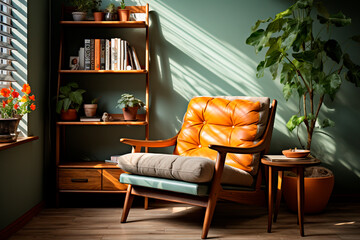Modern living room interior with orange armchair, coffee table, bookshelf and plants.generative ai