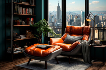 Modern living room interior with orange armchair, coffee table, bookshelf and plants.generative ai
