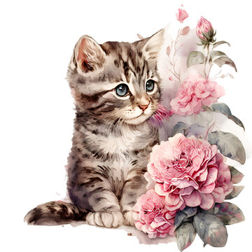 Watercolor cute kitten with pink flower illustration Generative AI, png image.