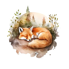 Watercolor cute sleeping fox illustration Generative AI, png image.