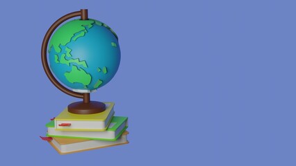 Globe with books on blue background. Learn geography concept