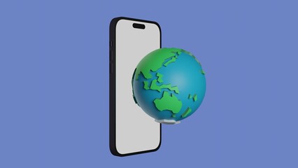 Smartphone with Earth on blue background. Explore online concept. Find places online 