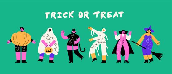 Funny people in suits. Women and men at a Halloween party. Pumpkin, witch, vampire, mummy, black cat and ghost