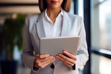 Close-up shot of a confident businesswoman delivering a compelling corporate presentation using a tablet. The focus is on her hands and the tablet screen. Generative Ai.