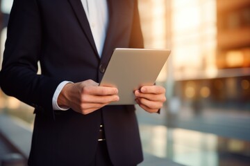 Close-up shot of a confident businessman delivering a compelling corporate presentation using a tablet. The focus is on her hands and the tablet screen. Generative Ai.
