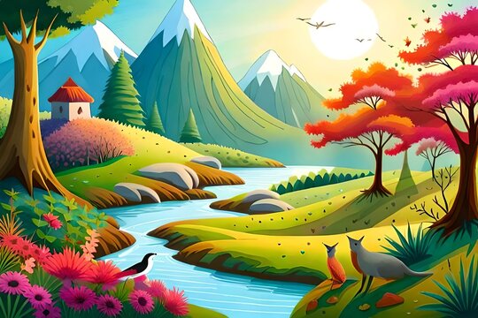landscape with a lake and trees Generated AI
