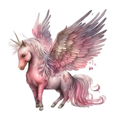 Obraz na płótnie Canvas Watercolor pink unicorn with wings illustration Generative AI, png image.