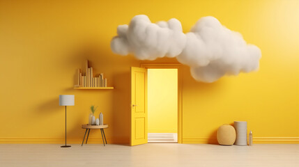 yellow showcase stage cloud minimal room abstract door pedestal cylinder. Generative AI.
