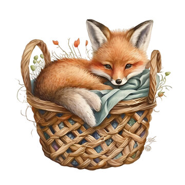 Watercolor fox sleeping in a basket illustration Generative AI, png image.