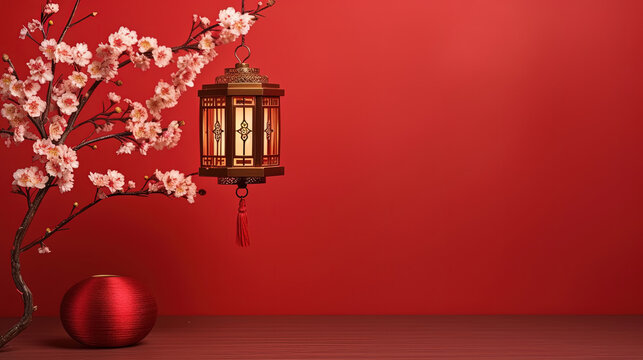 Happy chinese new year, year of the dragon zodiac sign hanging beautiful lantern and flowers on red background. Copy space