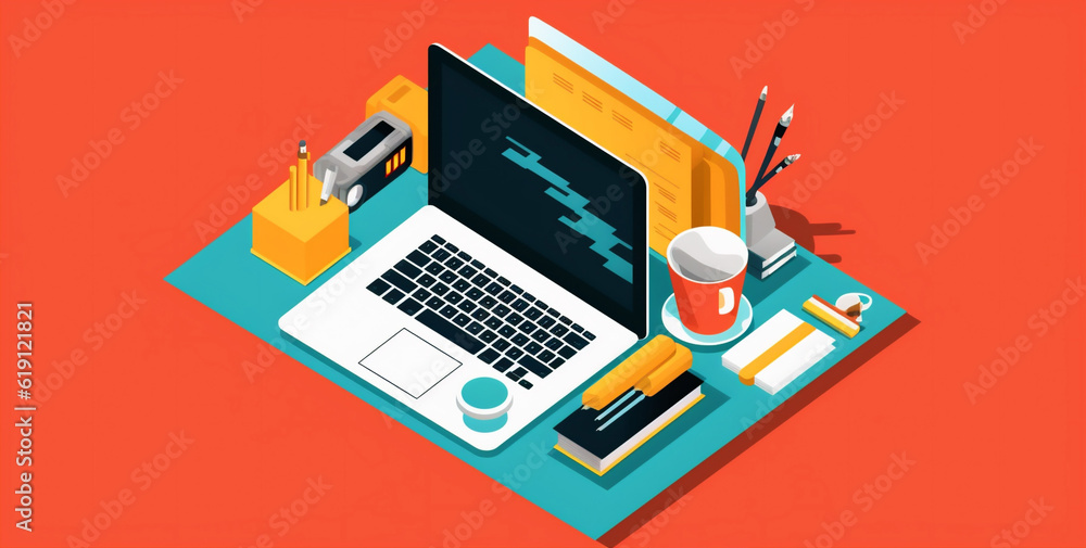 Poster blue computer business colours gadget technology background design laptop desktop web. generative ai