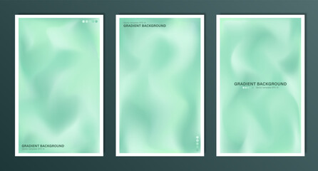 Set of abstract backgrounds with blurred soft green gradient. A4 pastel mint wallpapers with color palette. Template of empty modern digital backdrop, web banner, print card with smooth pattern
