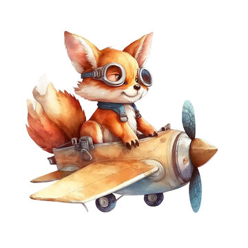 Watercolor fox flying on an airplane moon illustration. Generative AI, png image.