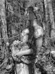 Black and White Photo of Statue of Woman in the Woods - Massachusetts, USA