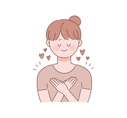 A woman who loves herself and loves herself. Self-esteem concept character illustration.