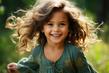 Beautiful little girl smiling and camera looking running child. Generative Ai.
