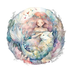 Watercolor fairy tale mermaid underwater illustration. Generative AI, png image.