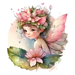 Watercolor flower fairy illustration. Generative AI, png image.