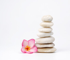 Obraz na płótnie Canvas white pebbles and frangipani flowers on white background. White stones. Life balance and harmony concept, spa. vertical.