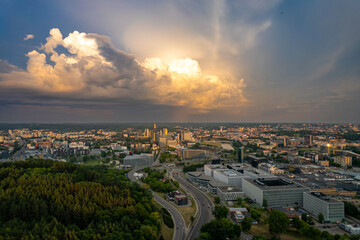 Fototapeta na wymiar Aerial summer storm rain view of Vilnius, Lithuania
