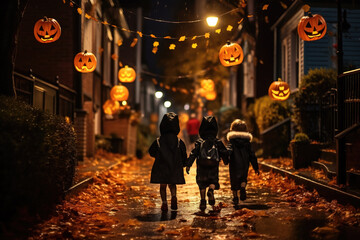 Kids in Halloween costumes playing on night city street, back view. The city streets at night are decorated with Halloween decorations and lanterns. Generative Ai.