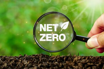 Hand holding a magnifying glass for choosing net zero emissions concept on the ground with green background.Search eco-friendly energy-saving. carbon neutral .A climate-neutral long-term strategy.