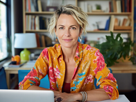 A fictional person, not based on a real person: Attractive young Caucasian female small business owner smiling at camera and posing at her desk in her home office