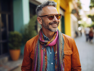 A fictional person, not based on a real person: Attractive older caucasian man in casual street clothes and colorful scarf and sungasses walking down colorful urban street