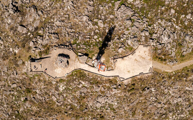 Top-down view of 'A Curotiña' viewpoint in la Coruña on a sunny day. Captured from above, this aerial photo highlights the distinctive features of 'A Curotiña'