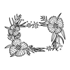 Outline Flower Poppy border in vector doodle style. Floral Botanical bouquet frame with leaves. Greeting card, wedding banner, invitation design