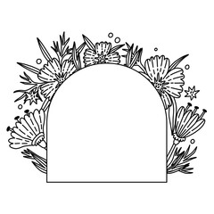 Outline Flower Poppy arch frame for text vector in doodle style. Floral Botanical bouquet frame with leaves. Greeting card, wedding banner, invitation design