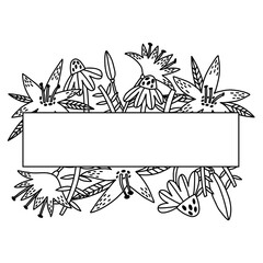 Outline Flower Lily camomile border in vector doodle style. Floral Botanical bouquet frame with leaves. Greeting card, wedding banner, invitation design