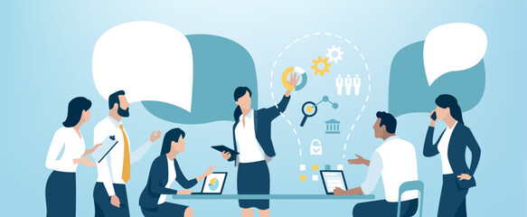 Innovation. Discussion about a new idea. The team is working on a new project. A light bulb as a symbol of a new idea. Vector illustration. 