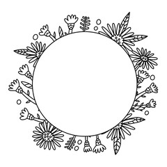 Outline Flower Asters frame for text vector in doodle style. Floral Botanical bouquet frame with leaves. Greeting card, wedding banner, invitation design