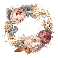 Watercolor delicate wreath with pink peony and gold leaves illustration. Generative AI, png image.