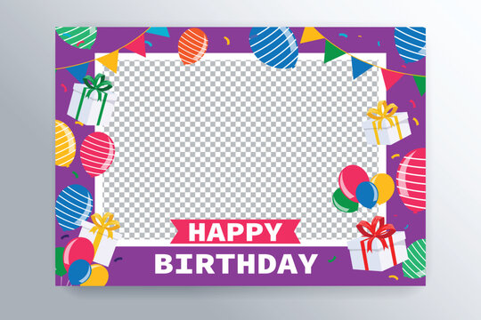 happy birthday photo frame with gift box and balloons vector illustration