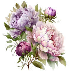 Watercolor delicate bouquet of lilac peonies illustration. Generative AI, png image.