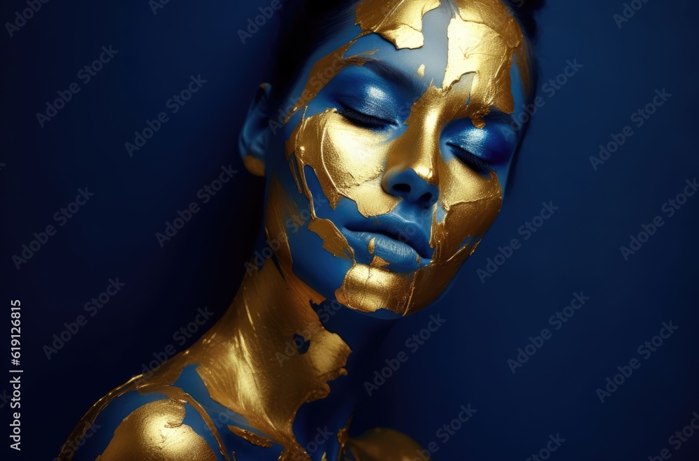 Wall mural blue person with golden mask