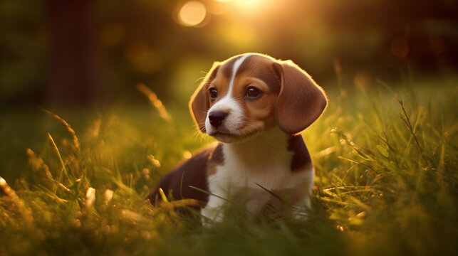 beagle puppy in the grass HD 8K wallpaper Stock Photographic Image