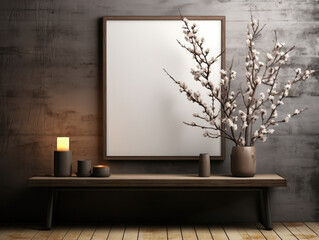 Mockup Frame close up in dark farmhouse living room, Mockups Design 3D, High-quality Mockups, Generative Ai