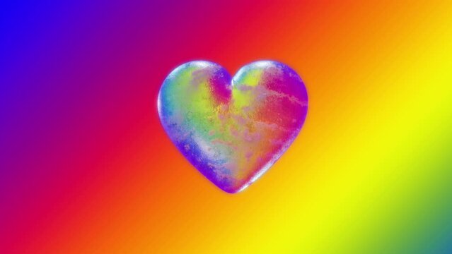 Pride month: Glowing 3d heart slowly rotating on LGBT flag background. 
