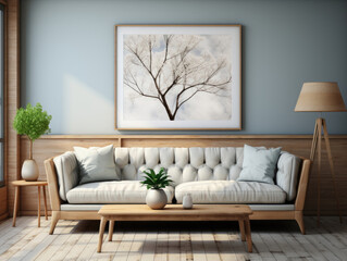 Mockup Frame In Farmhouse Living Room Interior 3d, Mockups Design 3D, High-quality Mockups, Generative Ai
