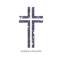 Christianity concept illustration. Cross textured by connected lines with dots. Religion and science text