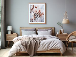 Mock-up poster frame in bedroom Scandinavian style 3d, Mockups Design 3D, High-quality Mockups, Generative Ai